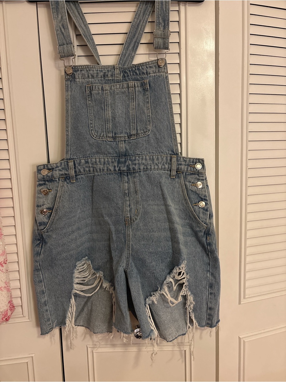 Fashion Nova Light Blue Distressed Denim Short Overalls